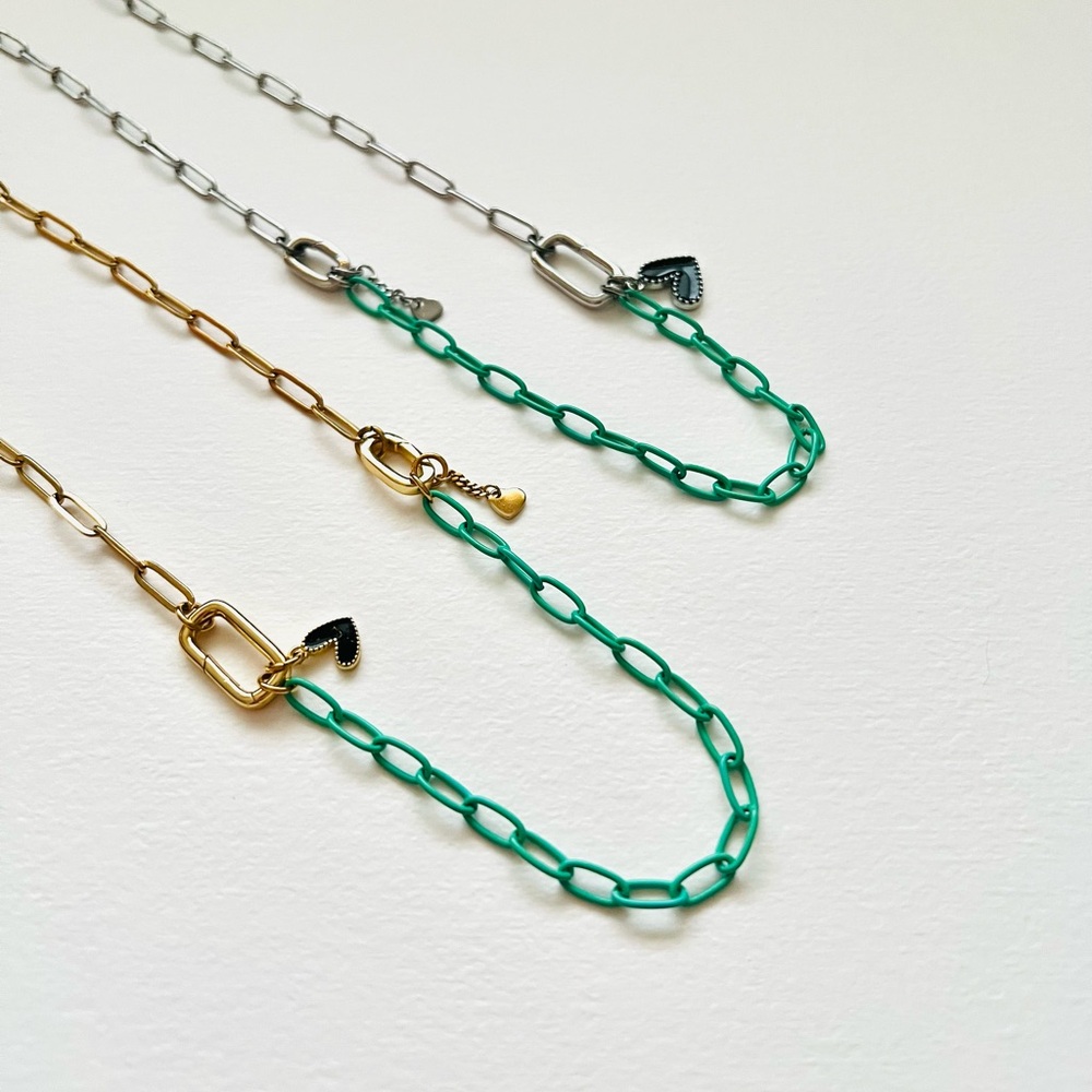 Two tone silver mixed metal stainless steel chain with gold clasps and charm 20”